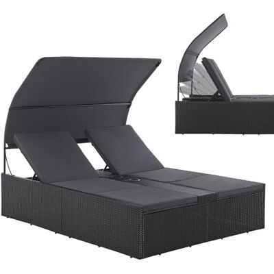 Juskys Chaise Longue Double en polyrotin Syros Transat de Jardin pour 2 Personnes Chaise d'extérieur avec auvent et Coussins Appuie-tête réglable Noir - Publicité Juskys Chaise Longue Double en polyrotin Syros Transat de Jardin pour 2 Personnes Chaise d'extérieur avec auvent et Coussins Appuie-tête réglable Noir - Publicité