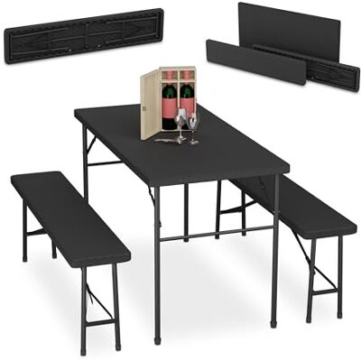 Relaxdays Ensemble Table Pliante et 2 bancs, pour Jardin, pavillon ou Camping, 120 cm, Aspect rotin, Noir - Publicité Relaxdays Ensemble Table Pliante et 2 bancs, pour Jardin, pavillon ou Camping, 120 cm, Aspect rotin, Noir - Publicité