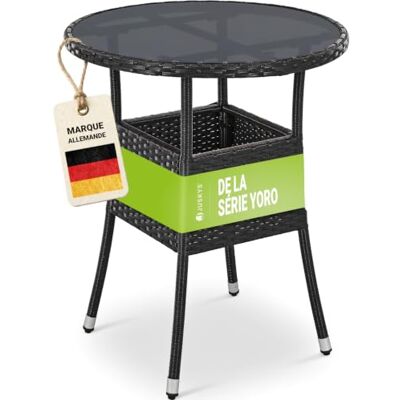 Juskys Table de Jardin Yoro en polyrotin résistant aux intempéries Table de Balcon Ronde Ø 60 cm Table d'appoint en rotin à Plateau en Verre Petite Table pour Balcon, Jardin & terrasse Noir - Publicité Juskys Table de Jardin Yoro en polyrotin résistant aux intempéries Table de Balcon Ronde Ø 60 cm Table d'appoint en rotin à Plateau en Verre Petite Table pour Balcon, Jardin & terrasse Noir - Publicité