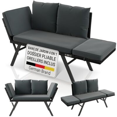 Juskys ® Banc Multifonctions Calvia Noir/Gris transat Pliable en polyrotin résistant, Banc Jardin Charge 240 kg - Publicité Juskys ® Banc Multifonctions Calvia Noir/Gris transat Pliable en polyrotin résistant, Banc Jardin Charge 240 kg - Publicité