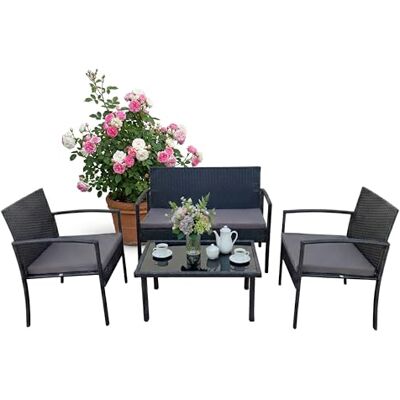 Relaxdays Ensemble de Jardin 4 pièces en rotin synthétique, 4 Personnes, Banquette 2 Places, 2 chaises, Table en Verre, - Publicité Relaxdays Ensemble de Jardin 4 pièces en rotin synthétique, 4 Personnes, Banquette 2 Places, 2 chaises, Table en Verre, - Publicité