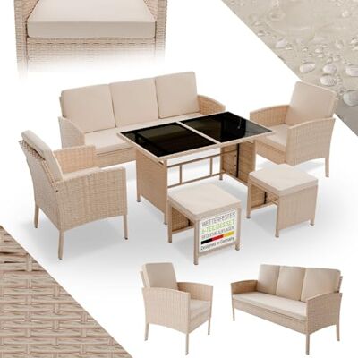Juskys Salon de Jardin en rotin synthétique Turin Ensemble 6 pièces 7 Personnes Meubles d'extérieur avec fauteuils, Table & Coussins Crème/Sable - Publicité Juskys Salon de Jardin en rotin synthétique Turin Ensemble 6 pièces 7 Personnes Meubles d'extérieur avec fauteuils, Table & Coussins Crème/Sable - Publicité
