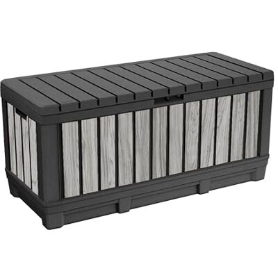 Keter Boîte de rangement de jardin Kentwood 350 litres en plastique effet bois Stormgrey, résistante aux intempéries et aux UV avec fonction siège - Publicité Keter Boîte de rangement de jardin Kentwood 350 litres en plastique effet bois Stormgrey, résistante aux intempéries et aux UV avec fonction siège - Publicité