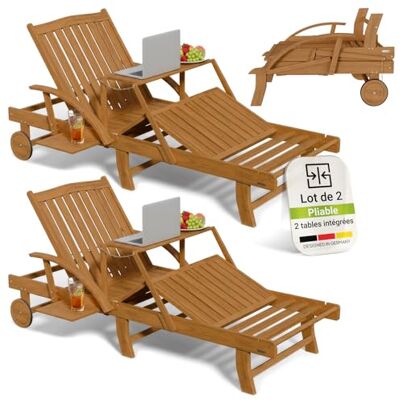 Juskys Lot de 2 Bains de Soleil SunScape en Bois d’Acacia Naturel avec Table réglable Repose-Jambes Dossier Ajustable Pliable roulettes 196 x 72,5 x 30 cm - Publicité Juskys Lot de 2 Bains de Soleil SunScape en Bois d’Acacia Naturel avec Table réglable Repose-Jambes Dossier Ajustable Pliable roulettes 196 x 72,5 x 30 cm - Publicité