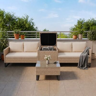 Juskys Coin Lounge extérieur Santorini en polyrotin Salon de Jardin avec Table Basse et Coffre à Coussins Meubles de Jardin en Imitation rotin résistant aux intempéries Crème - Publicité Juskys Coin Lounge extérieur Santorini en polyrotin Salon de Jardin avec Table Basse et Coffre à Coussins Meubles de Jardin en Imitation rotin résistant aux intempéries Crème - Publicité