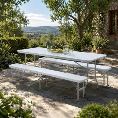 Strattore Ensemble Table 2X Banc de Jardin en Plastique Traiteur Pliante Table Buffet Picnic Plateau Camping Pliable avec Poignée en Blanc - Publicité Strattore Ensemble Table 2X Banc de Jardin en Plastique Traiteur Pliante Table Buffet Picnic Plateau Camping Pliable avec Poignée en Blanc - Publicité
