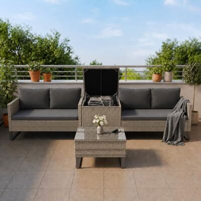 Juskys Coin Lounge extérieur Santorini en polyrotin Salon de Jardin avec Table Basse et Coffre à Coussins Meubles de Jardin en Imitation rotin résistant aux intempéries Gris chiné - Publicité Juskys Coin Lounge extérieur Santorini en polyrotin Salon de Jardin avec Table Basse et Coffre à Coussins Meubles de Jardin en Imitation rotin résistant aux intempéries Gris chiné - Publicité