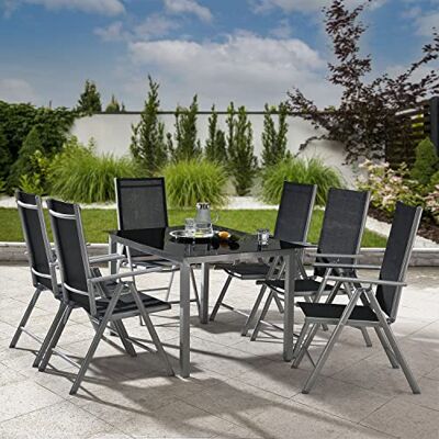 Juskys Salon de Jardin Milano en Aluminium 6+1 — 6 chaises à Haut Dossier réglables et Pliables avec Table — Ensemble de Meubles de Jardin 7 pièces résistant aux intempéries — Argent - Publicité Juskys Salon de Jardin Milano en Aluminium 6+1 — 6 chaises à Haut Dossier réglables et Pliables avec Table — Ensemble de Meubles de Jardin 7 pièces résistant aux intempéries — Argent - Publicité