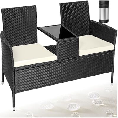 tectake ® Banc d'extérieur avec Table intégrée, 133x63x84 cm, Ensemble de Salon de Jardin, Terrasse, Balcon, Résistant aux intempéries, Coussin d'assise 6 cm, Mobilier de Jardin en Rotin 2 Personnes - Publicité tectake ® Banc d'extérieur avec Table intégrée, 133x63x84 cm, Ensemble de Salon de Jardin, Terrasse, Balcon, Résistant aux intempéries, Coussin d'assise 6 cm, Mobilier de Jardin en Rotin 2 Personnes - Publicité