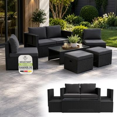 Juskys Salon de Jardin Salou en polyrotin Espace Lounge d'extérieur résistant aux intempéries pour 6 Personnes Coin Salon avec Table & Coussins pour Jardin, Balcon, terrasse Noir - Publicité Juskys Salon de Jardin Salou en polyrotin Espace Lounge d'extérieur résistant aux intempéries pour 6 Personnes Coin Salon avec Table & Coussins pour Jardin, Balcon, terrasse Noir - Publicité