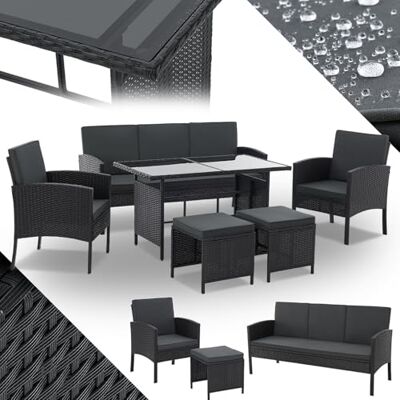 Juskys Salon de Jardin en rotin synthétique Turin Ensemble 6 pièces 7 Personnes Meubles d'extérieur avec fauteuils, Table & Coussins Noir - Publicité Juskys Salon de Jardin en rotin synthétique Turin Ensemble 6 pièces 7 Personnes Meubles d'extérieur avec fauteuils, Table & Coussins Noir - Publicité
