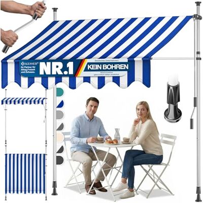 KESSER ® Store banne avec manivelle pour Balcon Store pour Balcon sans Trous à percer, résistant aux UV, réglable en Hauteur, Hydrofuge, protège du Soleil, Toit de terrasse, Bleu/Blanc, 300cm - Publicité KESSER ® Store banne avec manivelle pour Balcon Store pour Balcon sans Trous à percer, résistant aux UV, réglable en Hauteur, Hydrofuge, protège du Soleil, Toit de terrasse, Bleu/Blanc, 300cm - Publicité