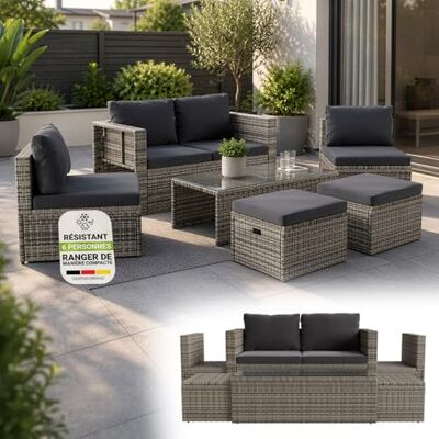 Juskys Salon de Jardin Salou en polyrotin Espace Lounge d'extérieur résistant aux intempéries pour 6 Personnes Coin Salon avec Table & Coussins pour Jardin, Balcon, terrasse Gris - Publicité Juskys Salon de Jardin Salou en polyrotin Espace Lounge d'extérieur résistant aux intempéries pour 6 Personnes Coin Salon avec Table & Coussins pour Jardin, Balcon, terrasse Gris - Publicité