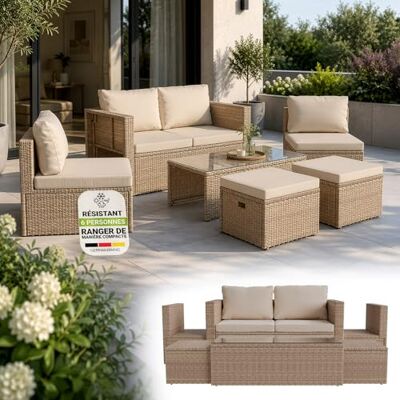 Juskys Salon de Jardin Salou en polyrotin Espace Lounge d'extérieur résistant aux intempéries pour 6 Personnes Coin Salon avec Table & Coussins pour Jardin, Balcon, terrasse Crème/Sable - Publicité Juskys Salon de Jardin Salou en polyrotin Espace Lounge d'extérieur résistant aux intempéries pour 6 Personnes Coin Salon avec Table & Coussins pour Jardin, Balcon, terrasse Crème/Sable - Publicité