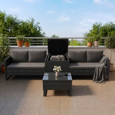 Juskys Coin Lounge extérieur Santorini en polyrotin Salon de Jardin avec Table Basse et Coffre à Coussins Meubles de Jardin en Imitation rotin résistant aux intempéries Noir - Publicité Juskys Coin Lounge extérieur Santorini en polyrotin Salon de Jardin avec Table Basse et Coffre à Coussins Meubles de Jardin en Imitation rotin résistant aux intempéries Noir - Publicité