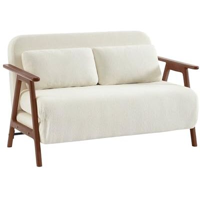 sweeek Banquette canapé Convertible 2 Places Bois d'hévéa teinté Noyer Clair et Bouclette texturée Blanche L 133 x P 81 x 84cm Sven - Publicité sweeek Banquette canapé Convertible 2 Places Bois d'hévéa teinté Noyer Clair et Bouclette texturée Blanche L 133 x P 81 x 84cm Sven - Publicité
