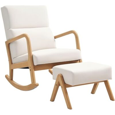 HOMCOM Fauteuil à bascule avec tabouret, fauteuil de relaxation avec aspect lin, fauteuil à bascule avec pieds en bois Fauteuil oscillant pour chambre à coucher, salon, supporte jusqu'à 150 kg, blanc - Publicité HOMCOM Fauteuil à bascule avec tabouret, fauteuil de relaxation avec aspect lin, fauteuil à bascule avec pieds en bois Fauteuil oscillant pour chambre à coucher, salon, supporte jusqu'à 150 kg, blanc - Publicité