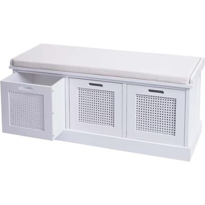 Décoshop26 Banc Banquette en Bois de Paulownia Blanc et MDF avec Coussin Blanc boites de Rangement 47x110x40cm BAN04052 - Publicité Décoshop26 Banc Banquette en Bois de Paulownia Blanc et MDF avec Coussin Blanc boites de Rangement 47x110x40cm BAN04052 - Publicité