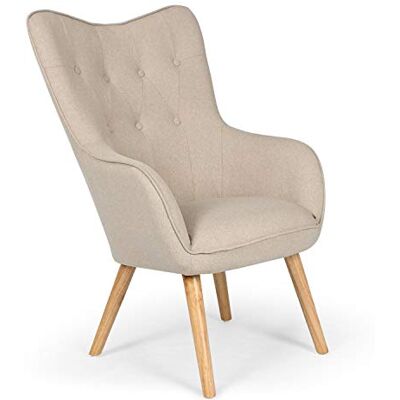 Menzzo Fauteuil Scandinave KLARYS Tissu Beige – Confortable à Haut Dossier Capitonné – Design Bois Naturel pour Salon, Chambre & Bureau - Publicité Menzzo Fauteuil Scandinave KLARYS Tissu Beige – Confortable à Haut Dossier Capitonné – Design Bois Naturel pour Salon, Chambre & Bureau - Publicité