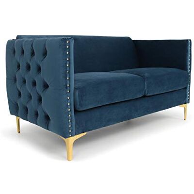Menzzo Canapé 2 Places L145 cm Joshua Velours Bleu – Canapé Capitonné Design Chic avec Pieds Métal Doré – Canapé Compact Confortable pour Salon & Petit Espace - Publicité Menzzo Canapé 2 Places L145 cm Joshua Velours Bleu – Canapé Capitonné Design Chic avec Pieds Métal Doré – Canapé Compact Confortable pour Salon & Petit Espace - Publicité