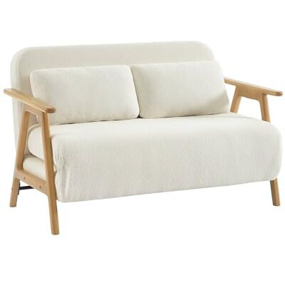 sweeek Banquette canapé Convertible 2 Places Bois d'hévéa et Bouclette texturée crème L 133 x P 81 x 84cm Sven - Publicité sweeek Banquette canapé Convertible 2 Places Bois d'hévéa et Bouclette texturée crème L 133 x P 81 x 84cm Sven - Publicité