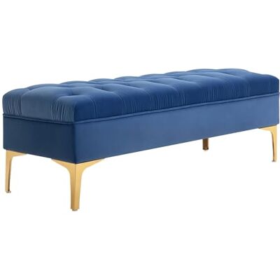HOMCOM Banc Banquette capitonnée Bout de lit Style Classique Chic dim. 118L x 45l x 42H cm piètement métal doré Velours Bleu - Publicité HOMCOM Banc Banquette capitonnée Bout de lit Style Classique Chic dim. 118L x 45l x 42H cm piètement métal doré Velours Bleu - Publicité