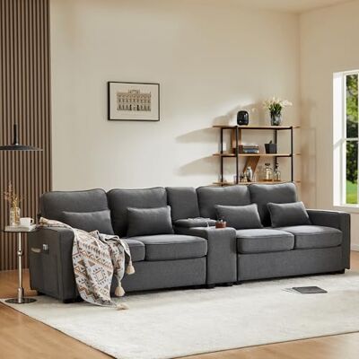 Merax Canapé moderne 4 places avec console, 2 porte-gobelets et 2 ports de charge USB, canapé rembourré avec poches d'accoudoir et 4 coussins, pour salon, chambre à coucher, chambre d'amis, gris foncé - Publicité Merax Canapé moderne 4 places avec console, 2 porte-gobelets et 2 ports de charge USB, canapé rembourré avec poches d'accoudoir et 4 coussins, pour salon, chambre à coucher, chambre d'amis, gris foncé - Publicité