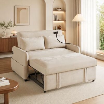 Merax Canapé-lit 2 Places Convertible 3 en 1 avec Dossier réglable, Ports USB et Support pour téléphone Portable, en Chenille, Beige, 129 x 76 x 81 cm - Publicité Merax Canapé-lit 2 Places Convertible 3 en 1 avec Dossier réglable, Ports USB et Support pour téléphone Portable, en Chenille, Beige, 129 x 76 x 81 cm - Publicité