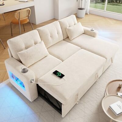 Merax Canapé d'angle avec fonction couchage et coffre de lit, canapé-lit pratique avec espace de rangement, éclairage LED, USB/type C et 2 porte-gobelets, canapé-lit extensible en forme de L, tissu - Publicité Merax Canapé d'angle avec fonction couchage et coffre de lit, canapé-lit pratique avec espace de rangement, éclairage LED, USB/type C et 2 porte-gobelets, canapé-lit extensible en forme de L, tissu - Publicité