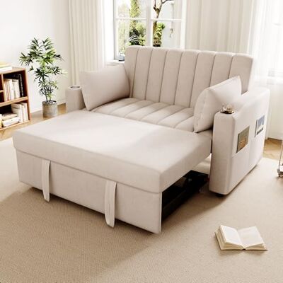 Merax Canapé-lit 2 places avec fonction lit, Canapé convertible 3-en-1 rabattable avec dossier réglable, 2 porte-gobelets et poches d’accoudoir, en velours, Beige 136 x 75,5 x 84 cm - Publicité Merax Canapé-lit 2 places avec fonction lit, Canapé convertible 3-en-1 rabattable avec dossier réglable, 2 porte-gobelets et poches d’accoudoir, en velours, Beige 136 x 75,5 x 84 cm - Publicité