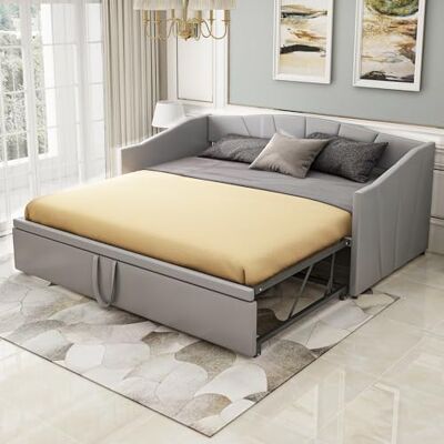 Merax Canapé-lit 2 places, extensible, avec sommier à lattes, fonction de couchage, tissu velours, 90/180 x 200 cm, gris (sans matelas) - Publicité Merax Canapé-lit 2 places, extensible, avec sommier à lattes, fonction de couchage, tissu velours, 90/180 x 200 cm, gris (sans matelas) - Publicité