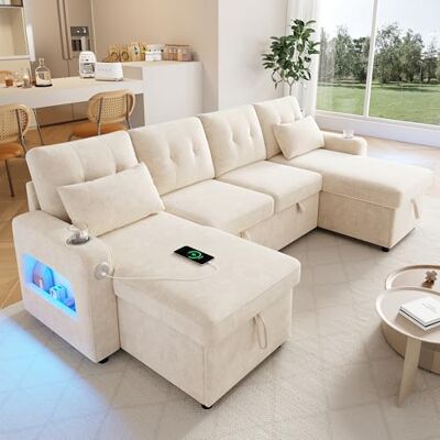 Merax Canapé d'angle avec fonction de couchage et tiroir de lit, convertible, en forme de U, pratique, avec espace de rangement, éclairage LED, compartiments de rangement pour accoudoirs, USB/type C - Publicité Merax Canapé d'angle avec fonction de couchage et tiroir de lit, convertible, en forme de U, pratique, avec espace de rangement, éclairage LED, compartiments de rangement pour accoudoirs, USB/type C - Publicité