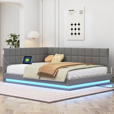 Merax Canapé-lit 140 x 200 cm, fonction sommeil, avec barre lumineuse LED, prise USB, lit rembourré, 2 places avec sommier à lattes, tissu en velours, gris (sans matelas) - Publicité Merax Canapé-lit 140 x 200 cm, fonction sommeil, avec barre lumineuse LED, prise USB, lit rembourré, 2 places avec sommier à lattes, tissu en velours, gris (sans matelas) - Publicité