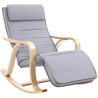 SONGMICS Fauteuil à Bascule, avec Accoudoirs en Bois, Repose-Pieds Réglable en 5 Positions, Capacité 150 kg, 125 x 67 x 91 cm, pour Chambre, Salon, Gris Clair et Couleur Boisée LYY41G - Publicité SONGMICS Fauteuil à Bascule, avec Accoudoirs en Bois, Repose-Pieds Réglable en 5 Positions, Capacité 150 kg, 125 x 67 x 91 cm, pour Chambre, Salon, Gris Clair et Couleur Boisée LYY41G - Publicité