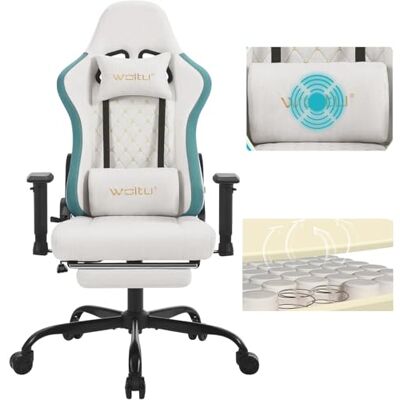 WOLTU Chaise Gaming, Chaise Bureau Massante, Fauteuil Ergonomique avec Coussin Lombaire Massant, Siège Large à Ressorts, Appui-tête, Repose-Pieds, Tissu Technique, Charge 150kg, Blanc - Publicité WOLTU Chaise Gaming, Chaise Bureau Massante, Fauteuil Ergonomique avec Coussin Lombaire Massant, Siège Large à Ressorts, Appui-tête, Repose-Pieds, Tissu Technique, Charge 150kg, Blanc - Publicité