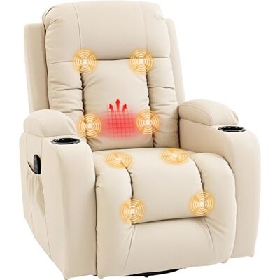 HOMCOM Fauteuil Inclinable de Massage et Chauffage, Fauteuil de Relaxation en PU, Dossier Réglable, Pivotant 360°, Repose-Pied, Poche Latérale, Porte-Gobelets, Télécommande, pour Salon, Crème - Publicité HOMCOM Fauteuil Inclinable de Massage et Chauffage, Fauteuil de Relaxation en PU, Dossier Réglable, Pivotant 360°, Repose-Pied, Poche Latérale, Porte-Gobelets, Télécommande, pour Salon, Crème - Publicité
