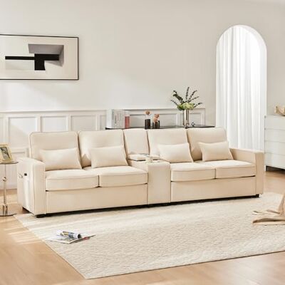 Merax Canapé moderne 4 places avec console, 2 porte-gobelets et 2 ports de charge USB, canapé rembourré avec poches pour accoudoirs et 4 coussins pour salon, chambre à coucher, chambre d'amis, beige - Publicité Merax Canapé moderne 4 places avec console, 2 porte-gobelets et 2 ports de charge USB, canapé rembourré avec poches pour accoudoirs et 4 coussins pour salon, chambre à coucher, chambre d'amis, beige - Publicité