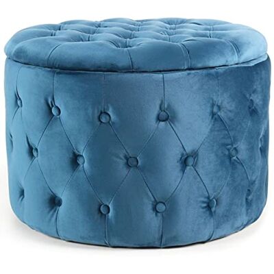 Menzzo Pouf Coffre Rond Salvina en Velours capitonné Bleu - Publicité Menzzo Pouf Coffre Rond Salvina en Velours capitonné Bleu - Publicité