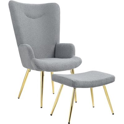 HOMCOM Fauteuil avec Repose-Pied Dossier Haut en Tissu Bouclette Fauteuil Salon Lecture avec Pieds en Acier doré pour Chambre à Coucher Salon Gris - Publicité HOMCOM Fauteuil avec Repose-Pied Dossier Haut en Tissu Bouclette Fauteuil Salon Lecture avec Pieds en Acier doré pour Chambre à Coucher Salon Gris - Publicité