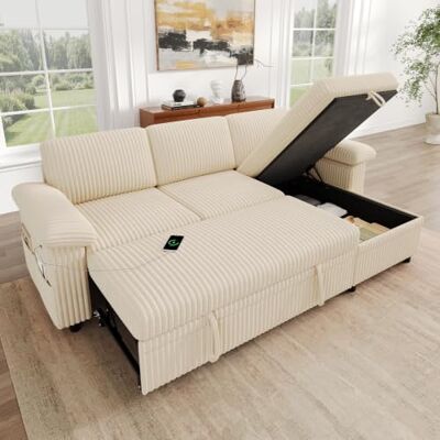Merax Canapé d'angle avec fonction couchage et coffre de lit, canapé convertible 4 en 1 en forme de L en velours côtelé avec espace de rangement et dossier réglable, chaise longue interchangeable, USB - Publicité Merax Canapé d'angle avec fonction couchage et coffre de lit, canapé convertible 4 en 1 en forme de L en velours côtelé avec espace de rangement et dossier réglable, chaise longue interchangeable, USB - Publicité
