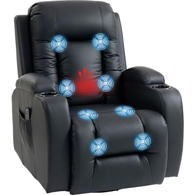HOMCOM Fauteuil Inclinable de Massage et Chauffage, Fauteuil de Relaxation en PU, Dossier Réglable, Pivotant 360°, Repose-Pied, Poche Latérale, Porte-Gobelets, Télécommande, pour Salon, Noir - Publicité HOMCOM Fauteuil Inclinable de Massage et Chauffage, Fauteuil de Relaxation en PU, Dossier Réglable, Pivotant 360°, Repose-Pied, Poche Latérale, Porte-Gobelets, Télécommande, pour Salon, Noir - Publicité
