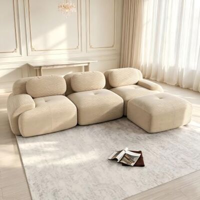 VILUXE Canapé 3 places avec tabouret en velours côtelé beige Canapé modulaire avec tabouret, tissu velours côtelé mousse 32D, salon, chambre à coucher, home cinéma, familles et invités - Publicité VILUXE Canapé 3 places avec tabouret en velours côtelé beige Canapé modulaire avec tabouret, tissu velours côtelé mousse 32D, salon, chambre à coucher, home cinéma, familles et invités - Publicité