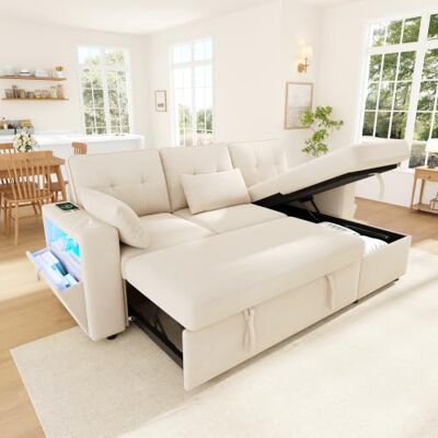 Merax Canapé d'angle avec fonction couchage et coffre de lit, canapé-lit extensible en forme de L, canapé-lit avec éclairage LED, USB/Type-C et rangement dans les accoudoirs - Publicité Merax Canapé d'angle avec fonction couchage et coffre de lit, canapé-lit extensible en forme de L, canapé-lit avec éclairage LED, USB/Type-C et rangement dans les accoudoirs - Publicité