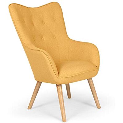 Menzzo Chaise/Fauteuil Scandinave Jaune Capitonné Assise Confortable en Tissu et Pieds en Bois Modèle Klarys L67 x P75 x H100 cm - Publicité Menzzo Chaise/Fauteuil Scandinave Jaune Capitonné Assise Confortable en Tissu et Pieds en Bois Modèle Klarys L67 x P75 x H100 cm - Publicité