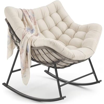 tectake ® Fauteuil à Bascule 93x99.5x89 cm, Rembourrage épais avec Motif matelassé, Résistant aux intempéries, Max. 120kg, Structure en Acier, Assise en rotin tressé, Rocking Chair Beige - Publicité tectake ® Fauteuil à Bascule 93x99.5x89 cm, Rembourrage épais avec Motif matelassé, Résistant aux intempéries, Max. 120kg, Structure en Acier, Assise en rotin tressé, Rocking Chair Beige - Publicité