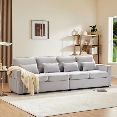 Merax Canapé 4 places en lin Grand canapé avec rembourrage confortable Pour salon, chambre à coucher, chambre d'amis, avec poches pour accoudoirs et 4 coussins Gris - Publicité Merax Canapé 4 places en lin Grand canapé avec rembourrage confortable Pour salon, chambre à coucher, chambre d'amis, avec poches pour accoudoirs et 4 coussins Gris - Publicité