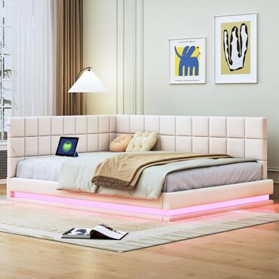 Merax Canapé-lit 140 x 200 cm, fonction sommeil, avec barre lumineuse LED, prise USB, lit rembourré, 2 places avec sommier à lattes, tissu en velours, beige (sans matelas) - Publicité Merax Canapé-lit 140 x 200 cm, fonction sommeil, avec barre lumineuse LED, prise USB, lit rembourré, 2 places avec sommier à lattes, tissu en velours, beige (sans matelas) - Publicité