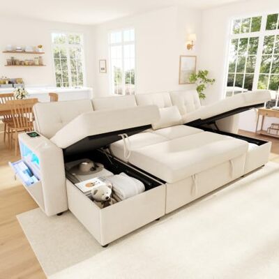 Merax Canapé d'angle avec fonction couchage et coffre de lit, canapé lit extensible en forme de U, canapé-lit avec éclairage LED, USB/Type-C et accoudoirs, double méridienne, canapé chenille, beige - Publicité Merax Canapé d'angle avec fonction couchage et coffre de lit, canapé lit extensible en forme de U, canapé-lit avec éclairage LED, USB/Type-C et accoudoirs, double méridienne, canapé chenille, beige - Publicité