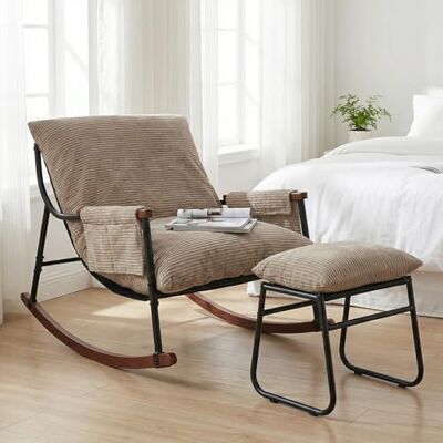 HomeMiYN Fauteuil à Bascule Allaitement avec Repose Pieds, Poche latérale, Accoudoirs et Bases en Bois, Rocking Chair pour Salon, Chambre, Balcon, Chambre Bebe,Nursery, Tissu rayé, Kaki - Publicité HomeMiYN Fauteuil à Bascule Allaitement avec Repose Pieds, Poche latérale, Accoudoirs et Bases en Bois, Rocking Chair pour Salon, Chambre, Balcon, Chambre Bebe,Nursery, Tissu rayé, Kaki - Publicité