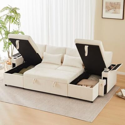 Merax Canapé-lit d'angle extensible en forme de U avec coffre de lit, double méridienne avec espace de rangement caché, canapé-lit pratique avec porte-gobelet, compartiment pour accoudoirs, grand - Publicité Merax Canapé-lit d'angle extensible en forme de U avec coffre de lit, double méridienne avec espace de rangement caché, canapé-lit pratique avec porte-gobelet, compartiment pour accoudoirs, grand - Publicité